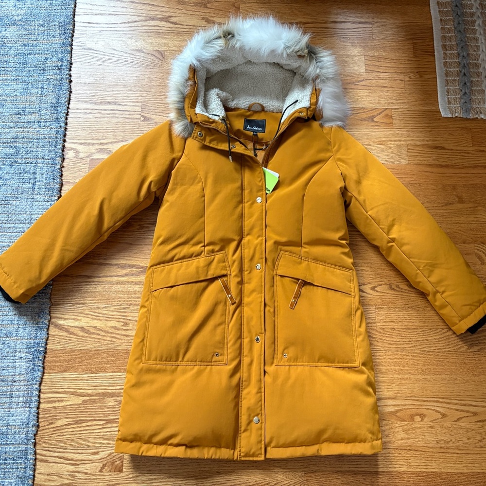 Brand new with tags! Sam Edelman Mustard Faux Fur Hooded Parka Size Large